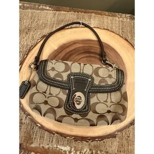 Coach Legacy Signature Brown Canvas Leather Trim Flap Turnlock Wristlet New